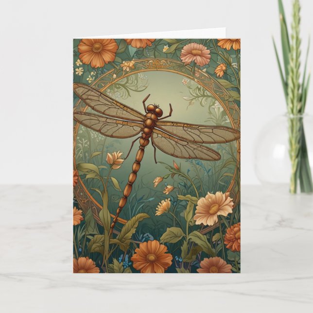 Eleganter Jugendstil Frühlingsgrüne Libelle Karte (Vorderseite)