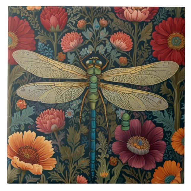 Eleganter Jugendstil Herbstblüten Libelle Fliese (Vorderseite)