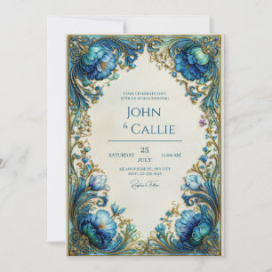 Eleganter Jugendstil Teal-Blumen Gilded Hochzeit Einladung