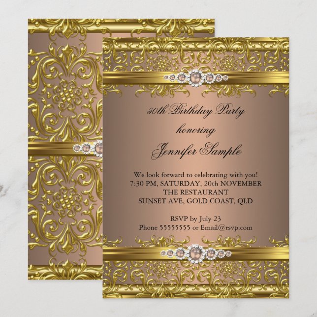 Eleganter Kaffee Brown Gold Damask Diamond Geburts Einladung (Vorne/Hinten)
