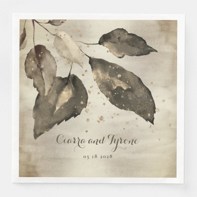 Eleganter Kaffee & Champagner Gold Splash Fünf Blä Serviette (Vorderseite)