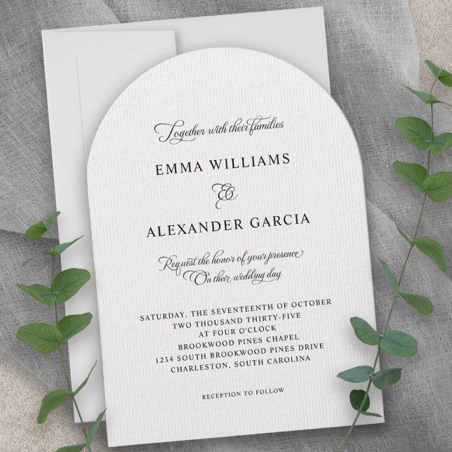 Eleganter Kalligraphie Hochzeitstich Schwarz-weiß  Einladung (Elegant Calligraphy Wedding Black White Arch Invitation)
