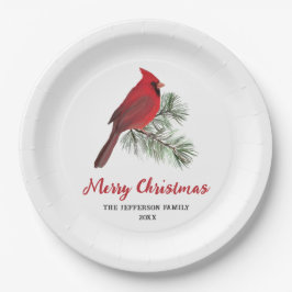 Eleganter Kardinal Bird auf der Weihnachtskiefernm Pappteller