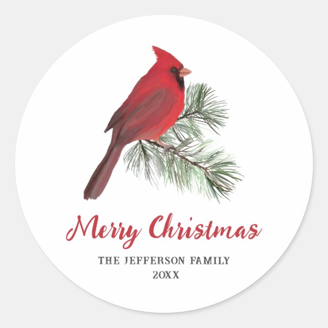 Eleganter Kardinal Bird auf der Weihnachtskiefernm Runder Aufkleber (Vorderseite)