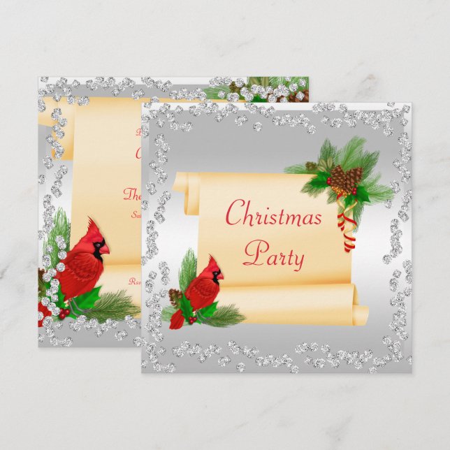 Eleganter Kardinal & Scroll Diamanten Weihnachten Einladung (Vorne/Hinten)