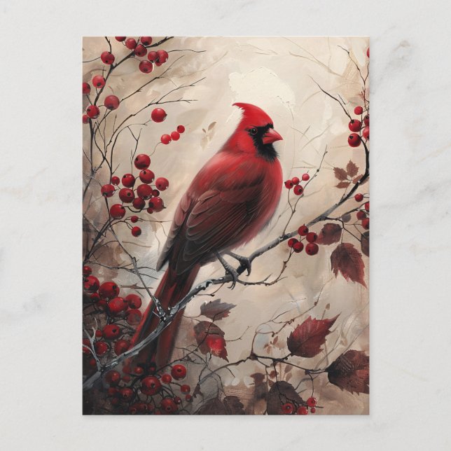 Eleganter Kardinal und Berries Malerei Postkarte (Vorderseite)