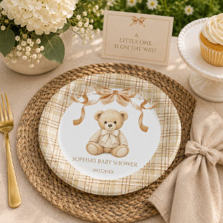 Eleganter Karierter Teddybär Neutrale Babyparty Pappteller