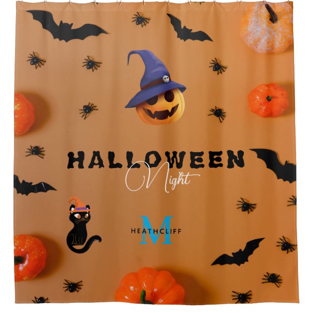 Eleganter Katzenrosa Monogram Halloween Pumpkin Duschvorhang (Vorderseite)