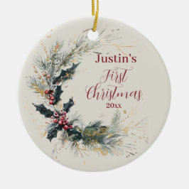 Eleganter Kiefer und Holly Kranz mit Goldakzenten Keramik Ornament
