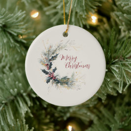 Eleganter Kiefer und Holly Kranz mit Goldakzenten Keramik Ornament