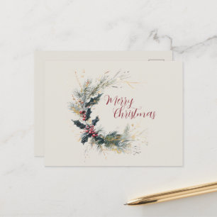 Eleganter Kiefern- und Stechpalmenkranz mit golden Postkarte