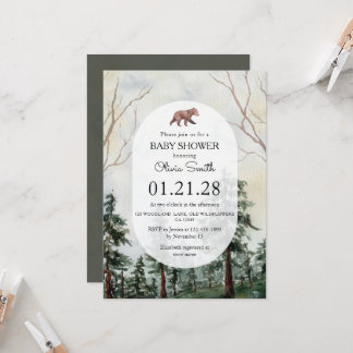 Eleganter Kiefernwald-Bär Aquarell-Baby-Party Einladung