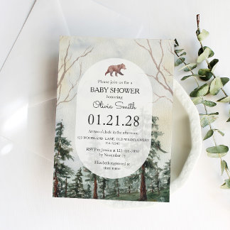 Eleganter Kiefernwald-Bär Aquarell-Baby-Party Einladung
