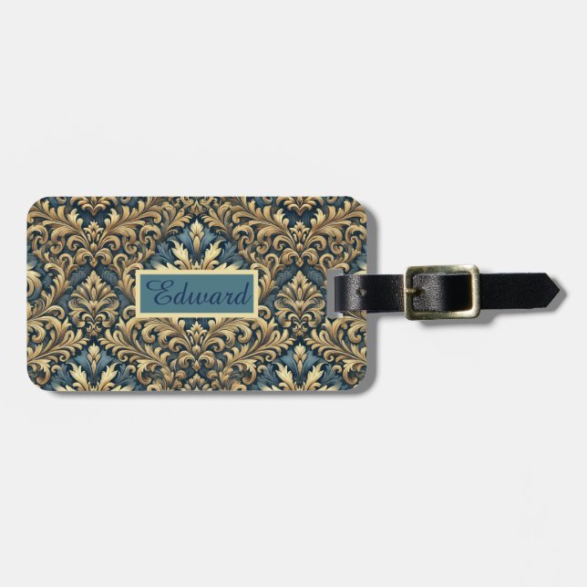 Eleganter Klassiker in Blau und Gold personalisier Gepäckanhänger (Vorderseite horizontal)