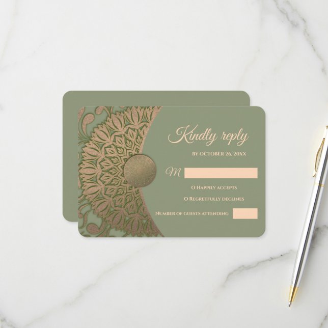 Eleganter Klassiker Mandala Modernes Magengrün & G RSVP Karte (Vorderseite/Rückseite Beispiel)