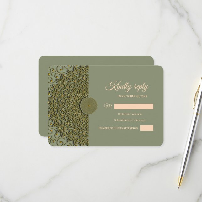 Eleganter Klassiker Mandala Modernes Magengrün & G RSVP Karte (Vorderseite/Rückseite Beispiel)