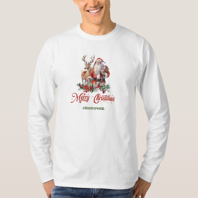 Eleganter Klassiker Santa mit Rentier T-Shirt (Vorderseite)
