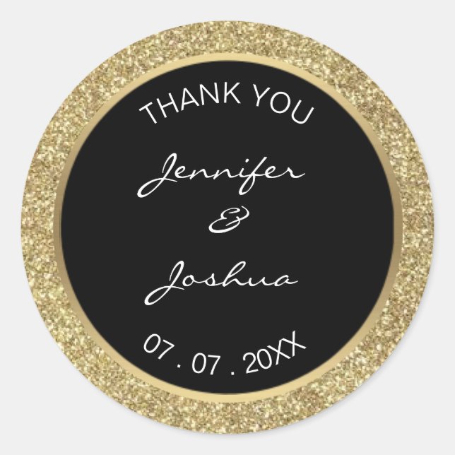 Eleganter klassischer Black Gold Glitzer Hochzeit Runder Aufkleber (Vorderseite)