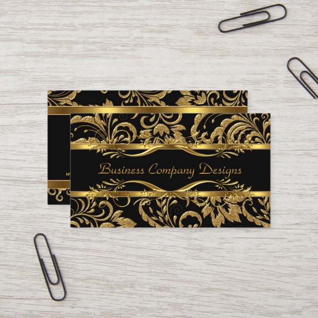 Eleganter, klassischer Gold Black Damask Embossed  Visitenkarte (Vorderseite/Rückseite Beispiel)