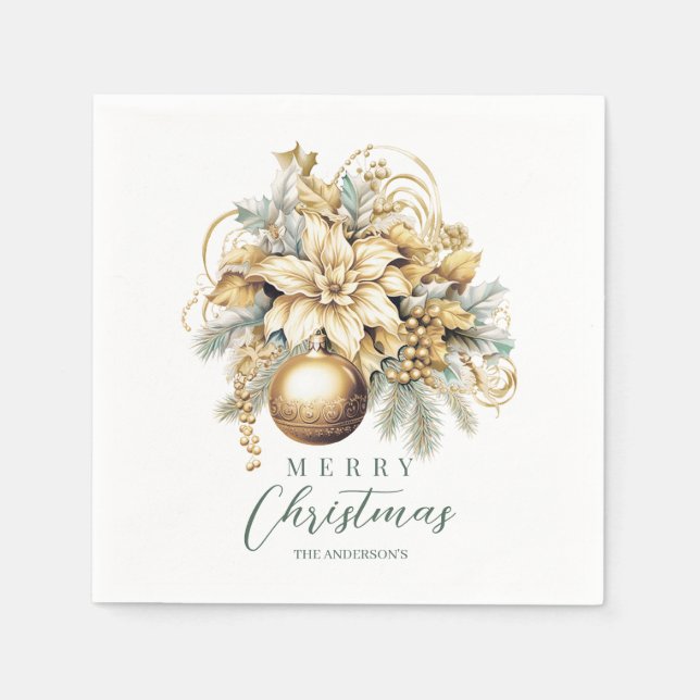 Eleganter klassischer goldblauer Weihnachtsbouquet Serviette (Vorderseite)