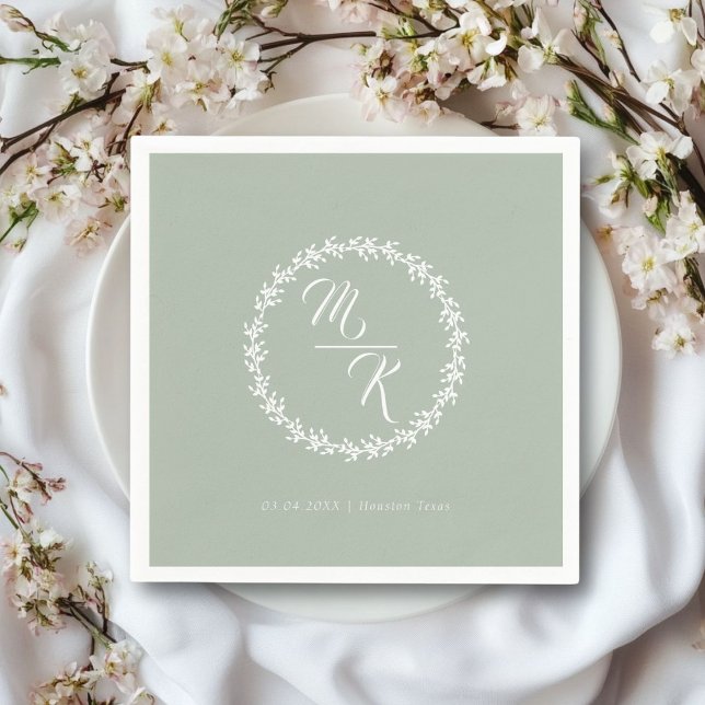 Eleganter, klassischer Kranz in Monogramm Serviette (Personalized, elegant, classic green wedding napkin, simple wreath, with your monograms & text.)
