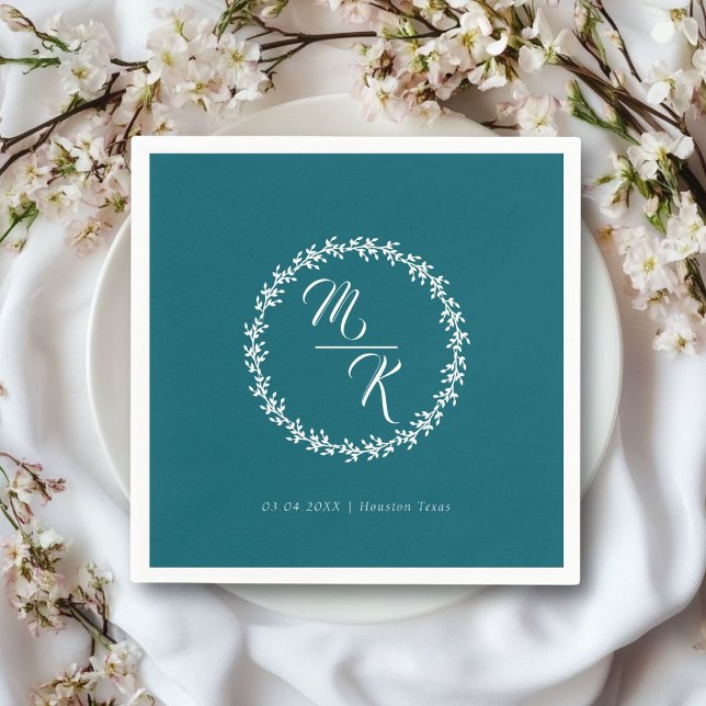 Eleganter, klassischer Kranz in Monogramm Serviette (Personalized, elegant, classic teal wedding napkin, simple wreath, with your monograms & text.)