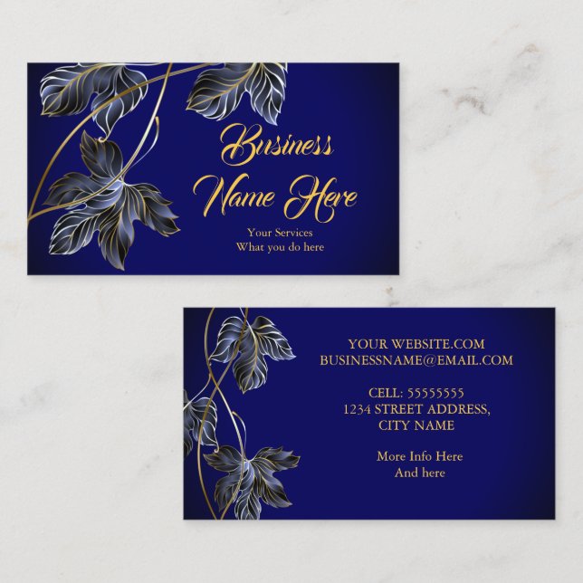 Eleganter klassischer Navy Blue Gold Leaf Visitenkarte (Vorne/Hinten)