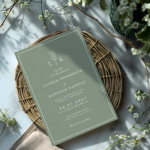 Eleganter klassischer Salbeigrüner-Blatt-Monogramm Einladung