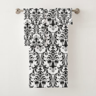 Eleganter klassischer schwarzer Floral Damask auf  Badhandtuch Set