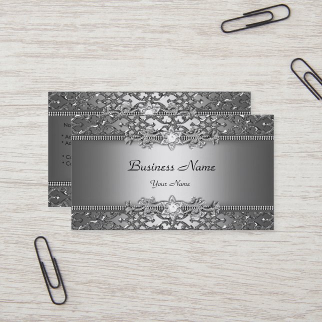 Eleganter klassischer Silver Gray Damask Embossed  Visitenkarte (Vorderseite/Rückseite Beispiel)