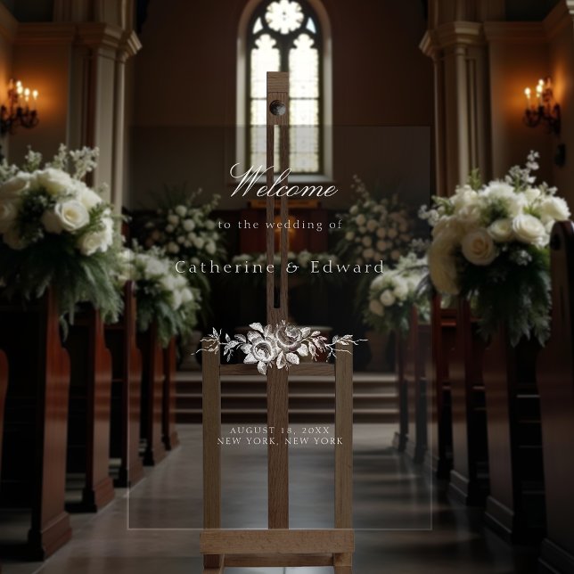 Eleganter, klassischer weißer Flora Willkommen Acrylschild (Von Creator hochgeladen)