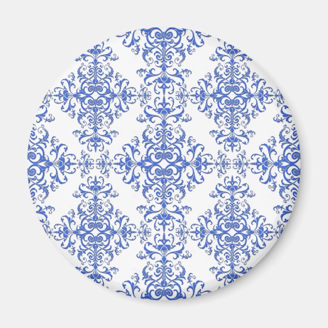 Eleganter Kobalt Blau und Weiße BlumenDamast Magnet (Vorne)