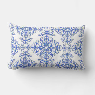 Eleganter Kobalt-Blau-und weißerblumenart-Damast Lendenkissen