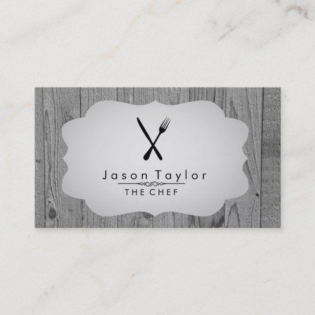 Eleganter Koch Catering Retro Knife Gabel Holz Gra Visitenkarte (Vorderseite)