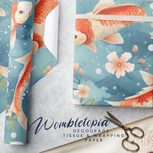 Eleganter Koi Fisch mit Cherry Blossom, Blau, Oran Geschenkpapier (Von Creator hochgeladen)