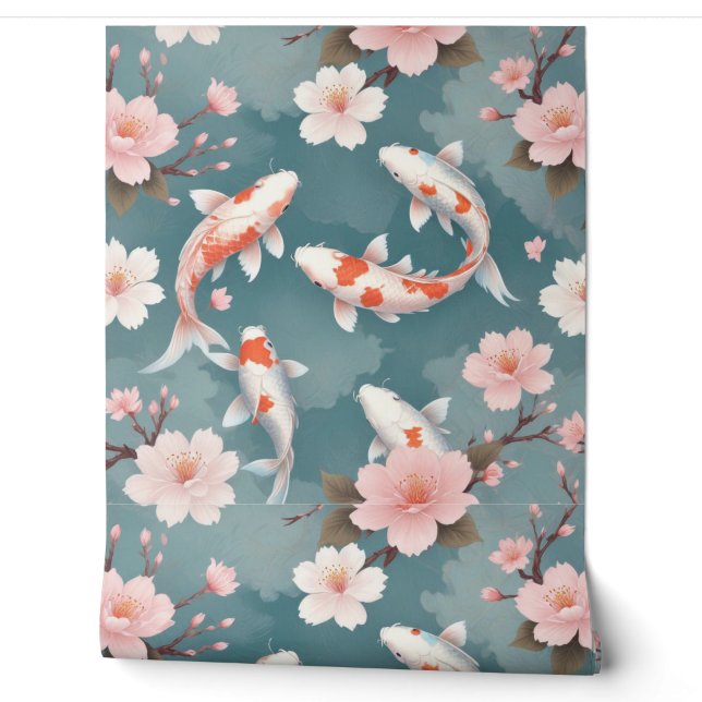 Eleganter Koi-Fisch schwimmt zwischen Kirschblüten Tapete (Abrollen)