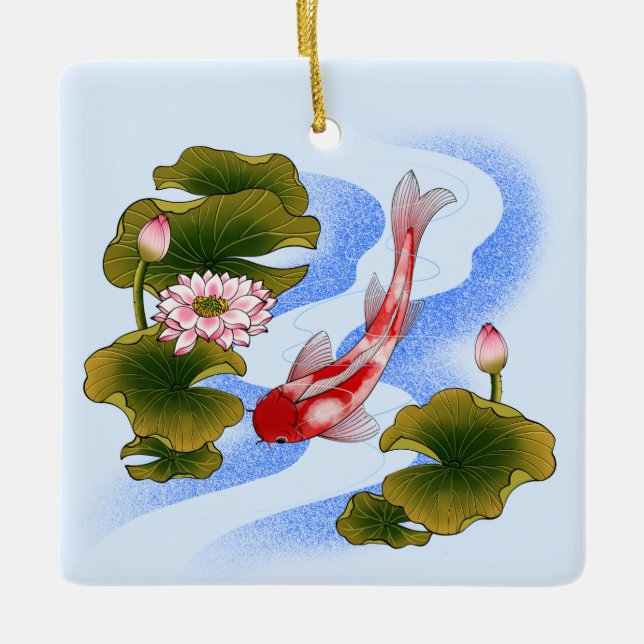 Eleganter Koi-Karpfen im Lotusteich Keramikornament (Vorderseite)
