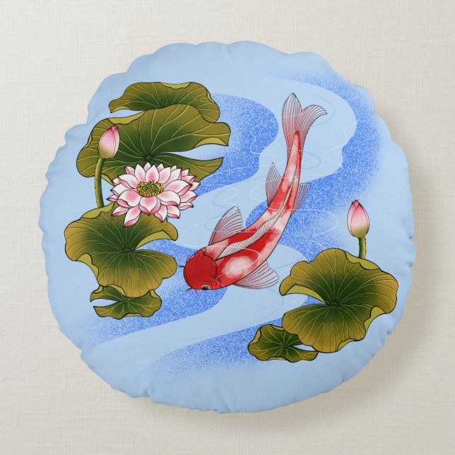 Eleganter Koi-Karpfen im Lotusteich Rundes Kissen (Vorderseite)