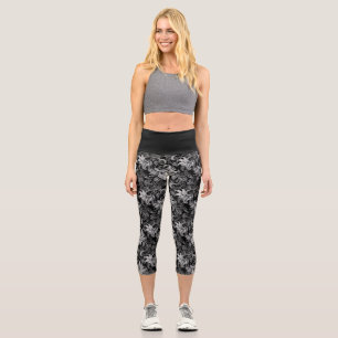 Eleganter Kontrast: Weiße Florale Umriss-Leggings Capri Leggings