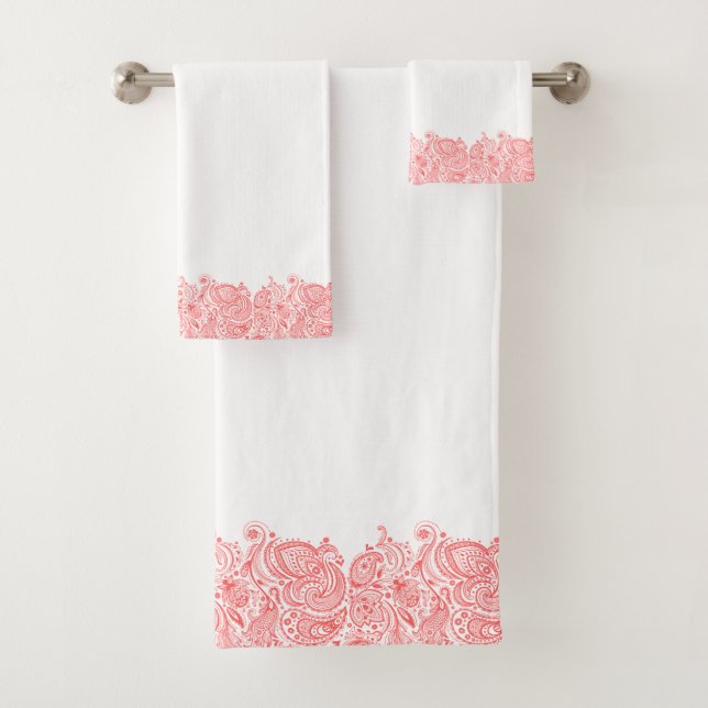 Eleganter korallenroter Floral Paisley Vogelbeobac Badhandtuch Set (Insitu)
