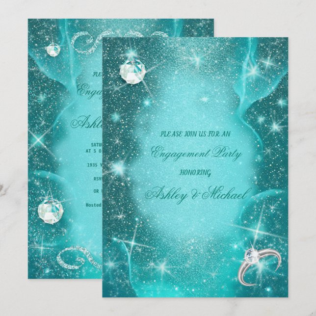 eleganter kosmisch türkisfarbener Diamanten Glitze Einladung (Vorne/Hinten)