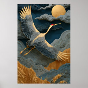 Eleganter Kranich fliegt unter goldenem Mond ostas Poster