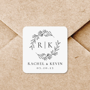 Eleganter Kranz Hochzeitsinitialen Monogramm Quadratischer Aufkleber