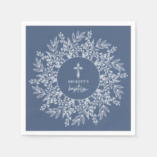 Eleganter Kranz und Kreuz Blau Jungen Taufe Serviette