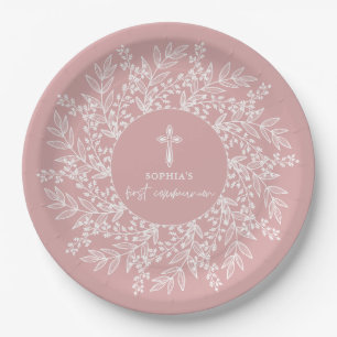 Eleganter Kranz und Kreuz Rosa Erstkommunion Mädch Pappteller