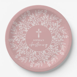 Eleganter Kranz und Kreuz Rosa Mädchen-Taufe Pappteller