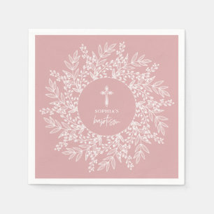 Eleganter Kranz und Kreuz Rosa Mädchen-Taufe Serviette