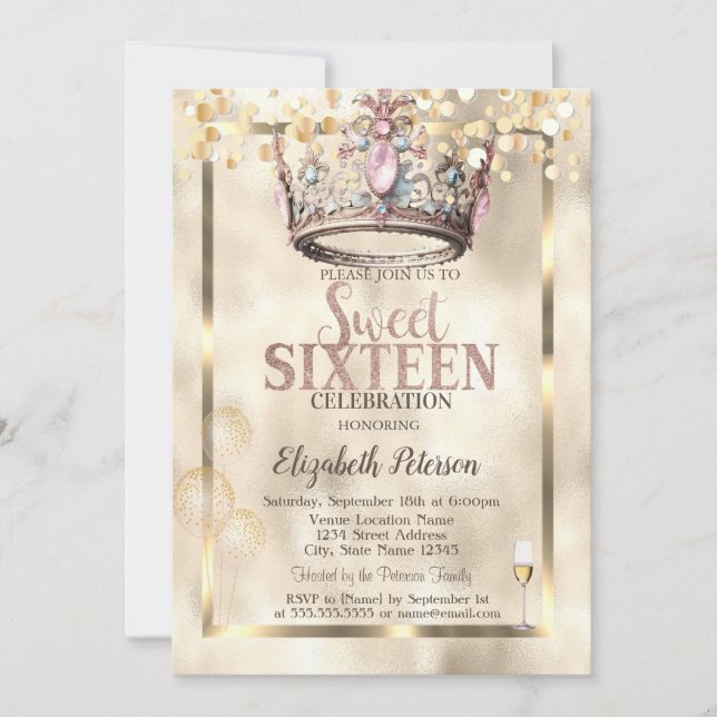 Eleganter Kronenbalken in Princess 16 Einladung (Vorderseite)