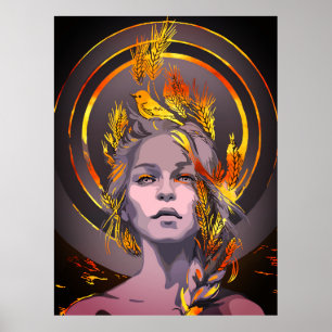 Eleganter Kunstdruck mit goldenem Weizen und Vogel Poster