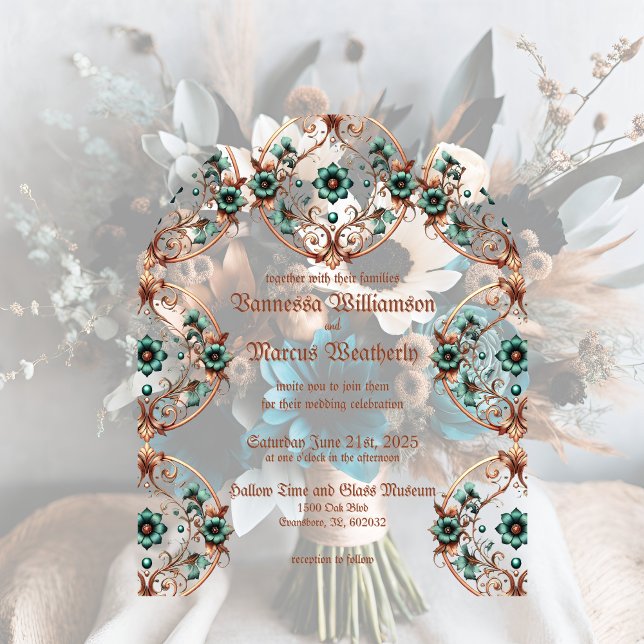 Eleganter Kupfer und türkisfarbener Blumenkreislau Acryleinladungen (Von Creator hochgeladen)